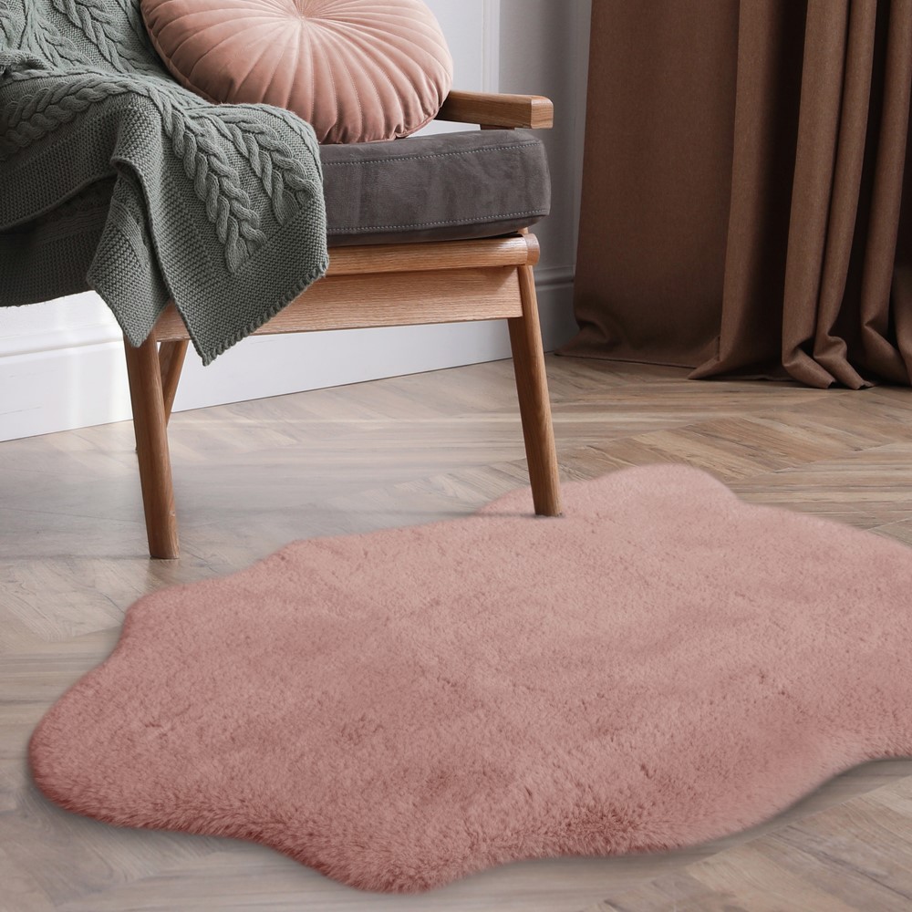 Luxury Faux Fur Plain Modern Shaped Rug 2 in Blush Pink